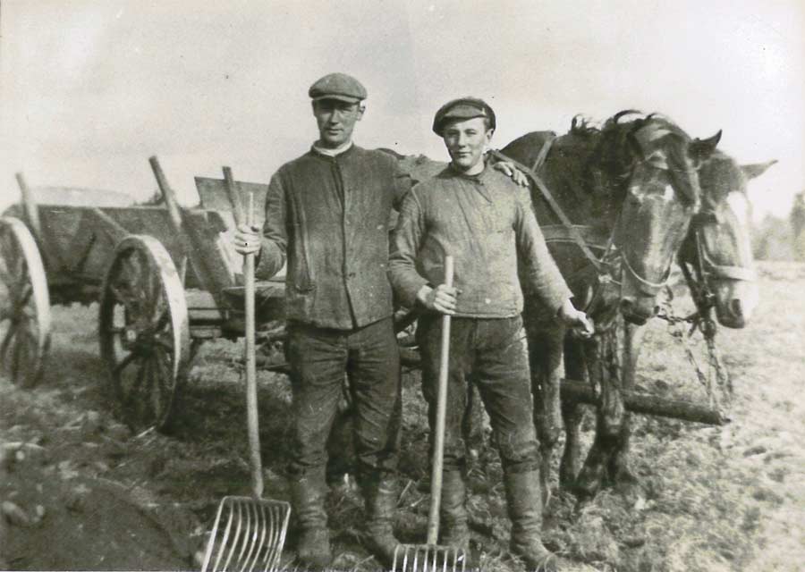 zwei Landarbeiter vor einem Pferdefuhrwerk, groß