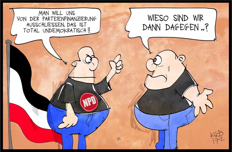 Karikatur: entlarvendes Gespräch zweier NPD-Anhänger