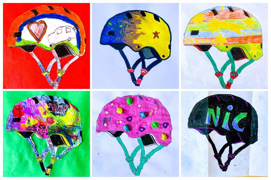 farbenfrohe Collage mit sechs, von Kindern gestalteten Fahrradhelmen zum Ausmalen