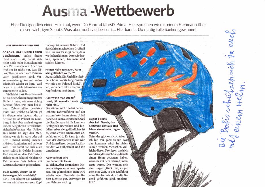 Zeitungsartikel mit ausgemalter Fahrradhelm-Vorlage, groß