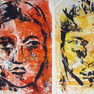 2 gemalte Porträts in Rot und Gelb, Ausschnitt