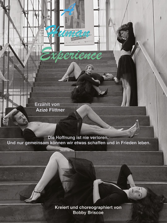 Veranstaltungsplakat: Tänzerinnen und Tänzer liegen auf einer Treppe