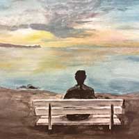 Malerei, Mensch auf Bank vor See, Sonnenaufgang