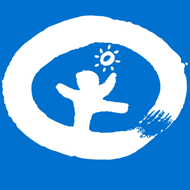 Detail des Logos: tanzendes Männchen auf blauem Grund