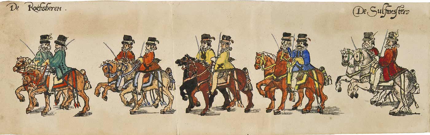Kupferstich: Kopefahrt, um 1600, paarweise Reiter, Ratsherren und Sülfmeister in Festkleidung