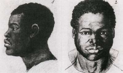 Profilzeichnung und Frontalansicht des Kopfes eines Schwarzen, historische Abbildung