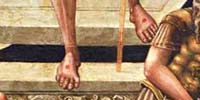 Auferstehung, Detail: Füße mit Wundmalen treten auf Sargdeckel