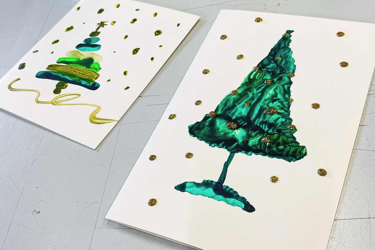 selbst gestaltete Weihnachtskarte mit Tannenbaum, groß