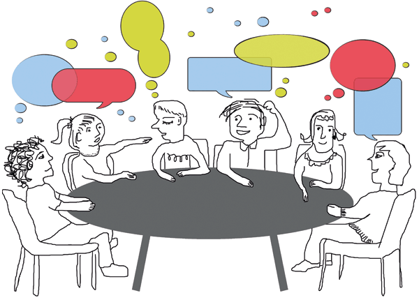 Zeichnung: Gesprächsrunde am Tisch