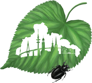 Logo Langer Tag der Stadtnatur Hamburg: Blatt mit ausgefressener Hamburg-Silouette und Käfer