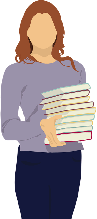Zeichnung: junge Frau mit Bücherstapel