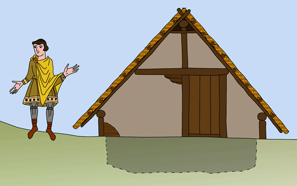 Zeichnung: Rekonstruktion eines frühmittelalterlichen Grubenhauses